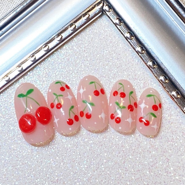 Red Cherry 3D Japanese Nail-Art Press-On Gel Nails | Handmade