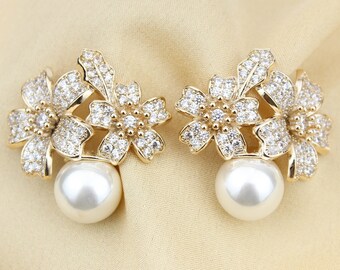 Gold Plated CZ Floral Design Diamond Earrings, Pearl Drop Earrings, CZ Bridal Earrings, American Diamonds, Fancy Earrings