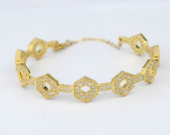 Gold Plated CZ Hexagonal Design Cuff Bracelet, American Diamonds, Fancy Bracelet, Bridal Jewlery