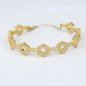 Gold Plated CZ Hexagonal Design Cuff Bracelet, American Diamonds, Fancy Bracelet, Bridal Jewlery image 1