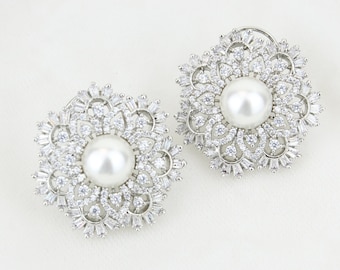 Gold Plated Pearl Studded CZ Flower Design Diamond Earrings, Tapered Baguette Earrings, Bridal Earrings, American Diamonds, Fancy Earrings