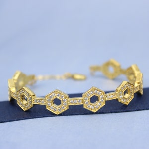 Gold Plated CZ Hexagonal Design Cuff Bracelet, American Diamonds, Fancy Bracelet, Bridal Jewlery image 2