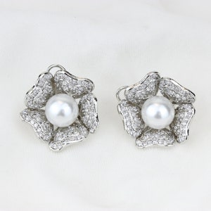 Gold Plated CZ Blooming Pearl Flower Design Diamond Earrings, Stud Earrings, Bridal Earrings, American Diamonds, Fancy Earrings
