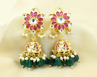 Gold Plated Floral Design Emeralds Dangle Drop Diamond Earrings, Polki, Meena & Gemstone earrings, Bridal Earrings