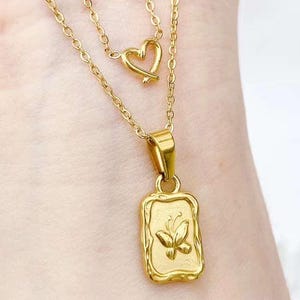 18k vergulde dubbellaagse vlinderhartketting, gegraveerde vlinder rechthoekige hanger, handgemaakte minimalistische sieraden, cadeau voor haar