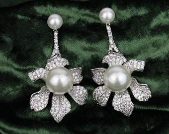 Gold Plated CZ Blooming Flower Design Pearl Diamond Earrings, Dangle Drop earrings, CZ Bridal Earrings, American Diamonds, Fancy Earrings