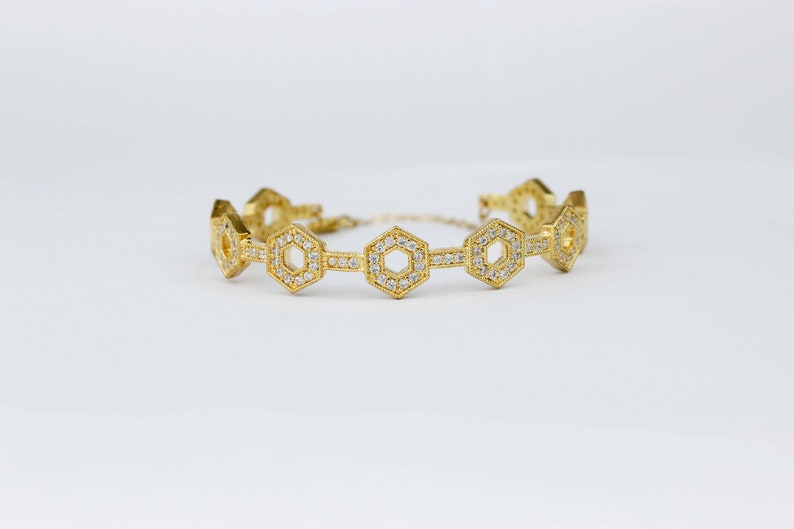 Gold Plated CZ Hexagonal Design Cuff Bracelet, American Diamonds, Fancy Bracelet, Bridal Jewlery image 3