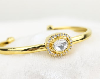 Gold Plated Oval Design Cuff Bracelet, Polki Diamond Bracelet, CZ Bridal Bracelet, American Diamond, Fancy Design