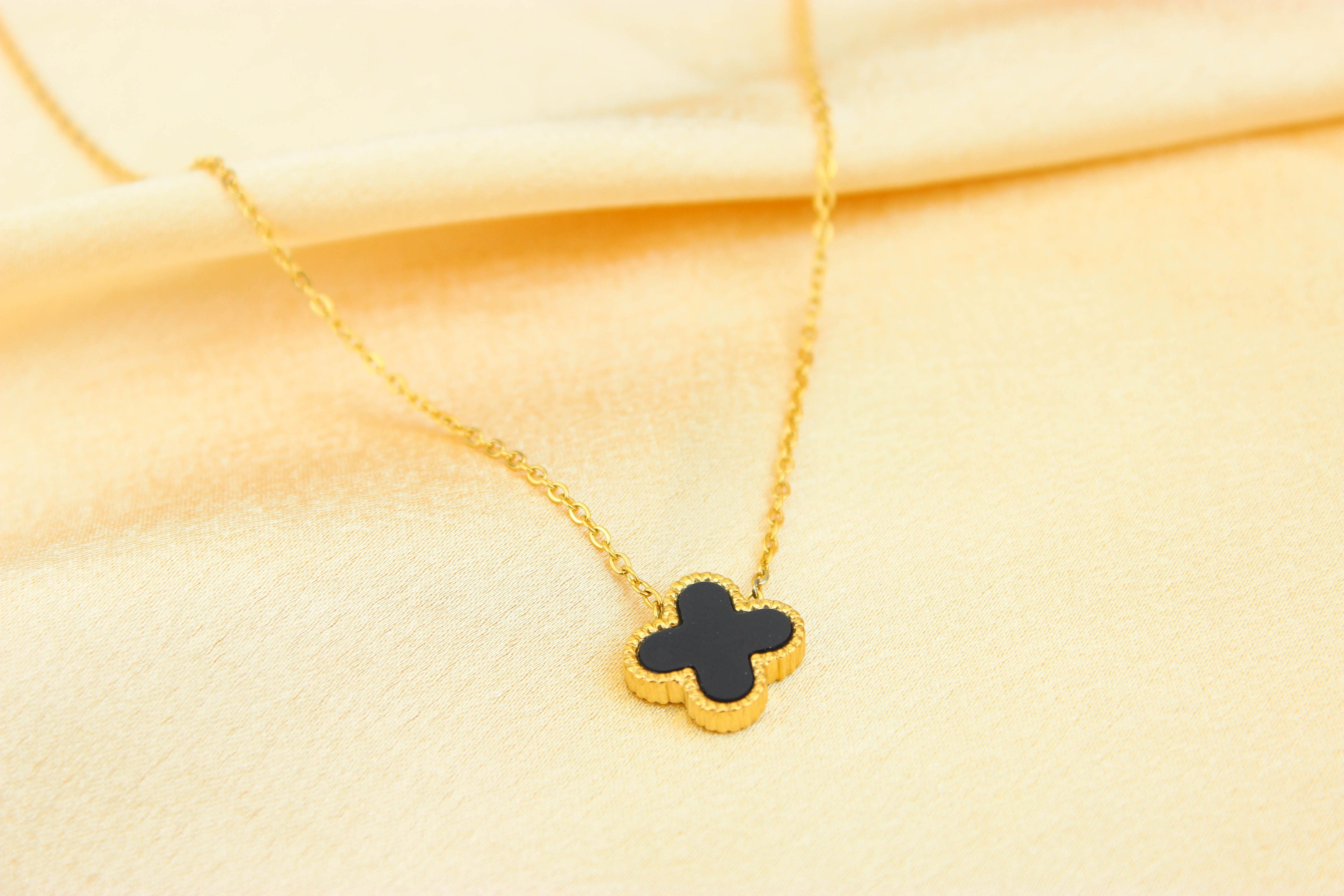 Gold Plated CZ Clover Pendant Necklace Reversible Dual Color 