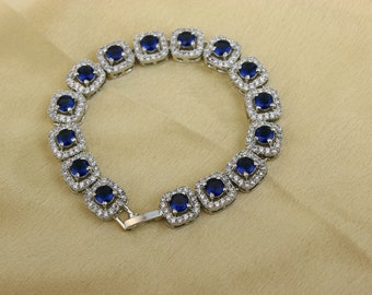 Gold Plated CZ Blue Sapphire Stones in a Halo setting, Tennis Bracelet, American Diamonds, Fancy Bracelet