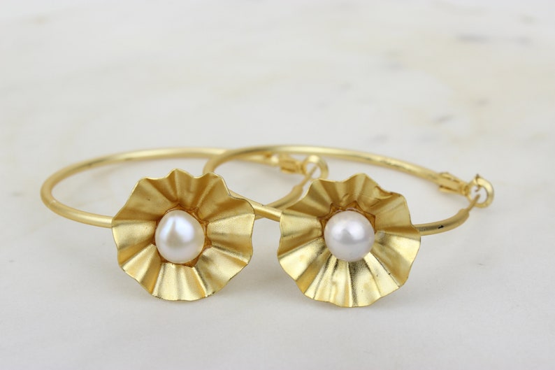 Gold Plated Hoops With Dangling Floral Pearls Earrings, Cultured pearl Dangling Earrings, Fancy Earrings, Statement Earrings, Gift for Her 画像 1