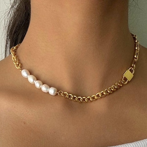 18kt Gold Plated Pearl Cuban Chain Necklace, Pearl Lock Choker, Multiple Pearl Necklace, Handmade Minimalistic Jewelry, Gift for Women