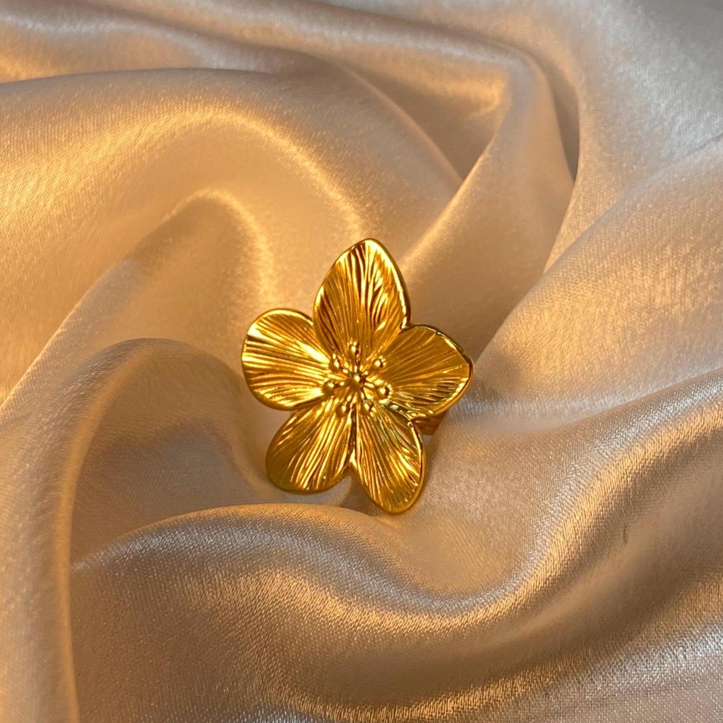 Anello Foglia Fiore Regolabile Argento Placcato Oro 18K - Gioiello Moda