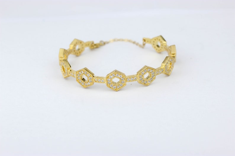 Gold Plated CZ Hexagonal Design Cuff Bracelet, American Diamonds, Fancy Bracelet, Bridal Jewlery image 1