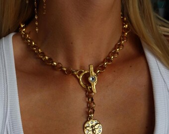 Chunky Gold French Bee Lariat Necklace, Vintage Inspired Toggle Chain