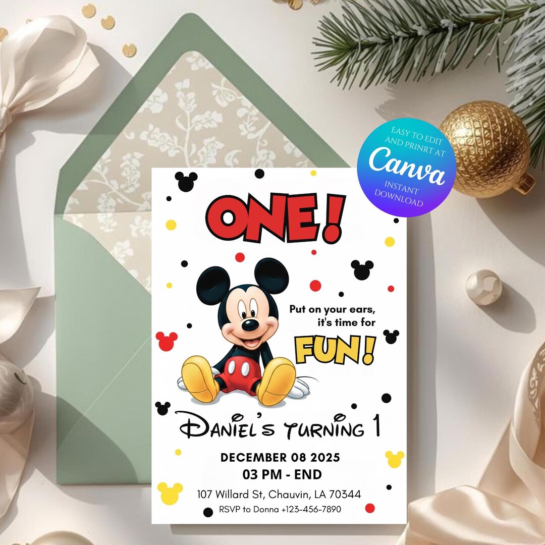 Mickey Mouse First Birthday Invitation Editable, Boy 1st Birthday ...