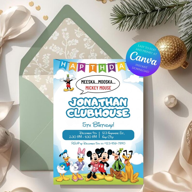 Mickey Mouse Clubhouse Birthday Invitation – Editable Canva Template ...