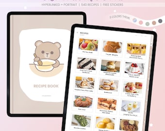 Op de afbeelding: Een digitaal receptenboek met een bruine kaft en een schattige cartoon-beerillustratie. Het boek bevat 540 recepten en bevat gratis stickers. Het boek is hyperlinked en in portretformaat. Het boek heeft een 5-kleuren thema.