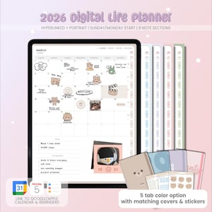 May include: A digital life planner for 2026, shown on a tablet, with a March calendar view. The planner includes 8 note sections, is portrait-oriented, and starts on Sunday/Monday. Additional items include matching covers, stickers, and 5 tab colour options.