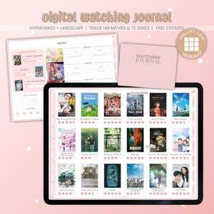Może przedstawiać: Cyfrowy dziennik oglądania wyświetlany na tablecie, z różową okładką i indeksem. Ekran tabletu pokazuje plakaty filmowe. Tekst na okładce brzmi "WATCHING JOURNAL".