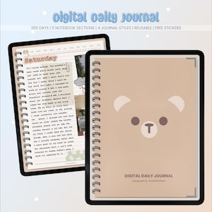 Op de afbeelding: Een digitaal dagboek met een bruine kaft en een schattige illustratie van een berenkop. Het dagboek heeft een spiraalbinding en de tekst "DIGITAL DAILY JOURNAL" en "Designed by StudioPattam" onderaan.
