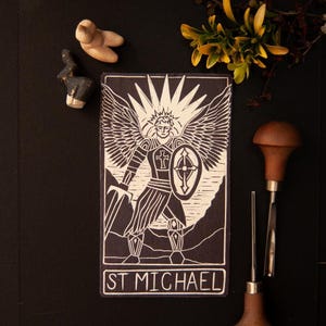 St Michael oracle altar card | Divine Mascuine archetypes | handmade linocut art