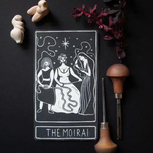 The Greek Moirai,  the fates goddess oracle card handmade linocut art, eco-friendly gifts.