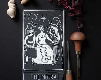 The Greek Moirai,  the fates goddess oracle card handmade linocut art, eco-friendly gifts.