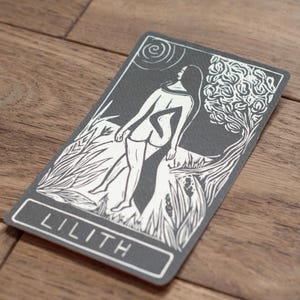 Lilith, Hebrew Goddess, the first woman,  Goddess guidance oracle card, handmade linocut art, eco-friendly gifts.