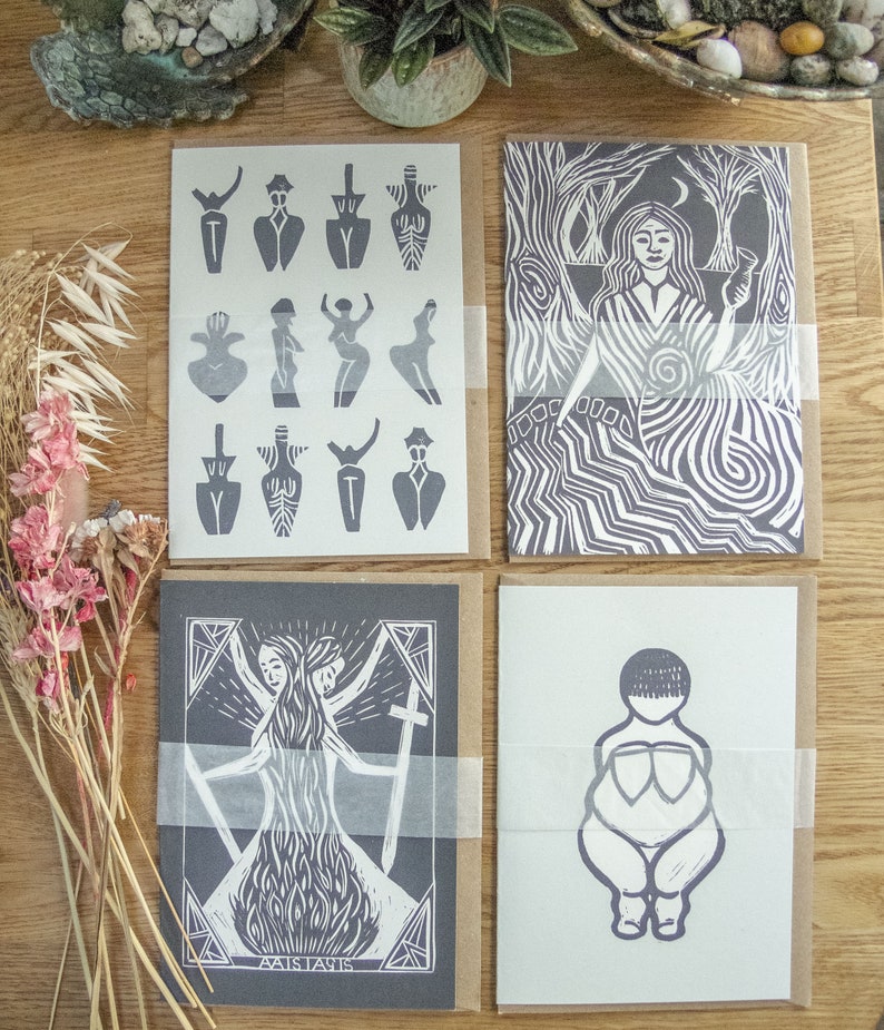 8 prehistoric goddess on a greeting card, all shapes and size