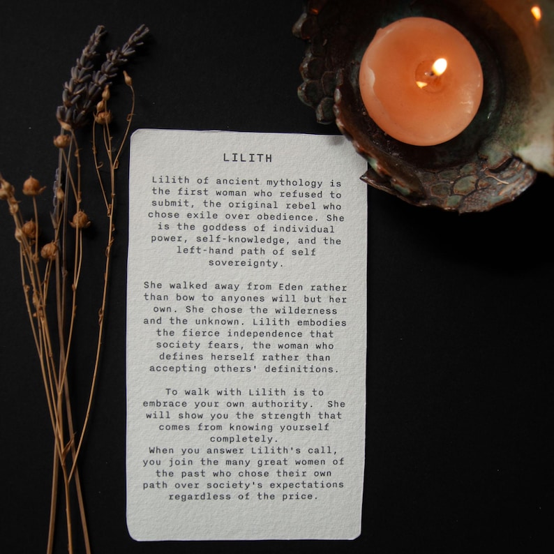 Lilith, Hebrew Goddess, the first woman,  Goddess guidance oracle card, handmade linocut art, eco-friendly gifts.