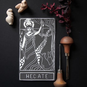 Hecate tarot card | best oracle cards | handmade linocut art, eco-friendly gifts. Hekate.