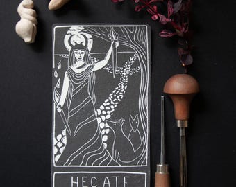 Hecate tarot card | best oracle cards | handmade linocut art, eco-friendly gifts. Hekate.