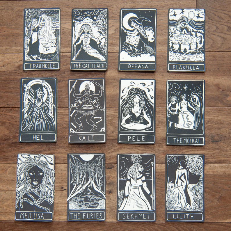 Lilith, Hebrew Goddess, the first woman,  Goddess guidance oracle card, handmade linocut art, eco-friendly gifts.