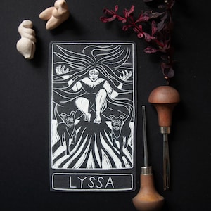 Lyssa, Greek Divinity of Rage,  Goddess guidance oracle card, handmade linocut art, eco-friendly gifts.