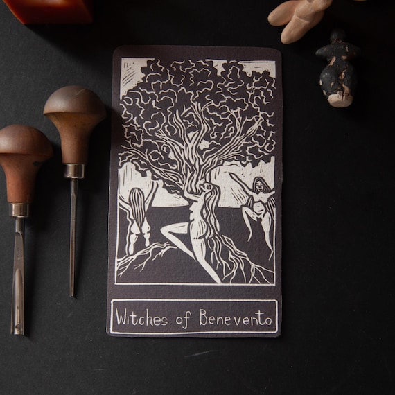 Naked witches circle | The Witches of Benevento | goddess oracle card handmade linocut art, eco-friendly gifts.
