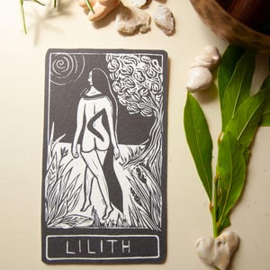 Lilith, Hebrew Goddess, the first woman,  Goddess guidance oracle card, handmade linocut art, eco-friendly gifts.