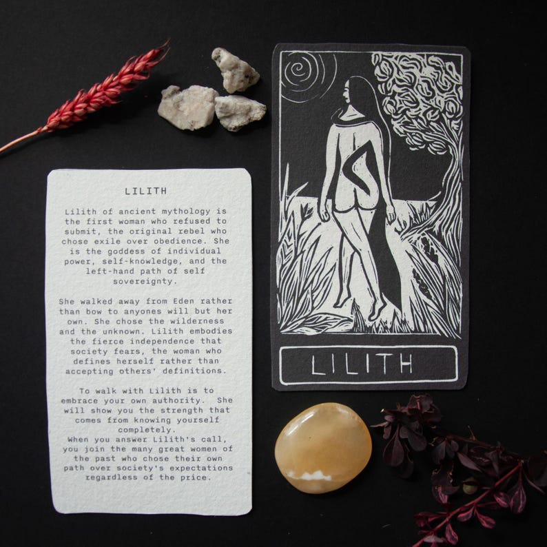 Lilith, Hebrew Goddess, the first woman,  Goddess guidance oracle card, handmade linocut art, eco-friendly gifts.