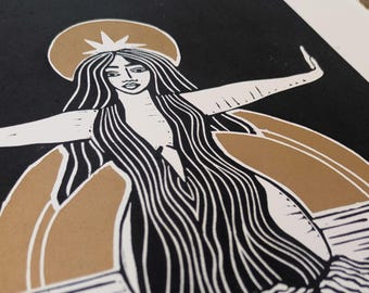 Divine Sophia Goddess | Original Linocut Print, hand printed goddess art.