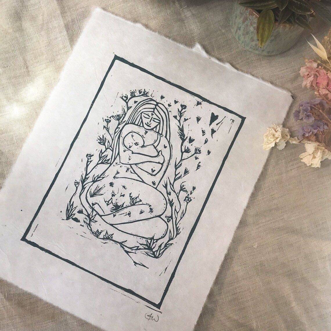 Mother and Child Hand Printed Linocut Print in Green, New Baby Gift ...