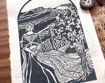 Goddess Anahit Original Linocut Print, Armenian Fertility Goddess, hand printed