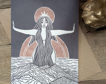 Tarjeta de felicitación / impresión en linograbado de la Divina Sofía de la Sabiduría, tarjeta ecológica reciclada.