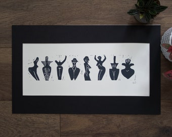 The Dancing Goddesses Original Linocut Print Limited Edition