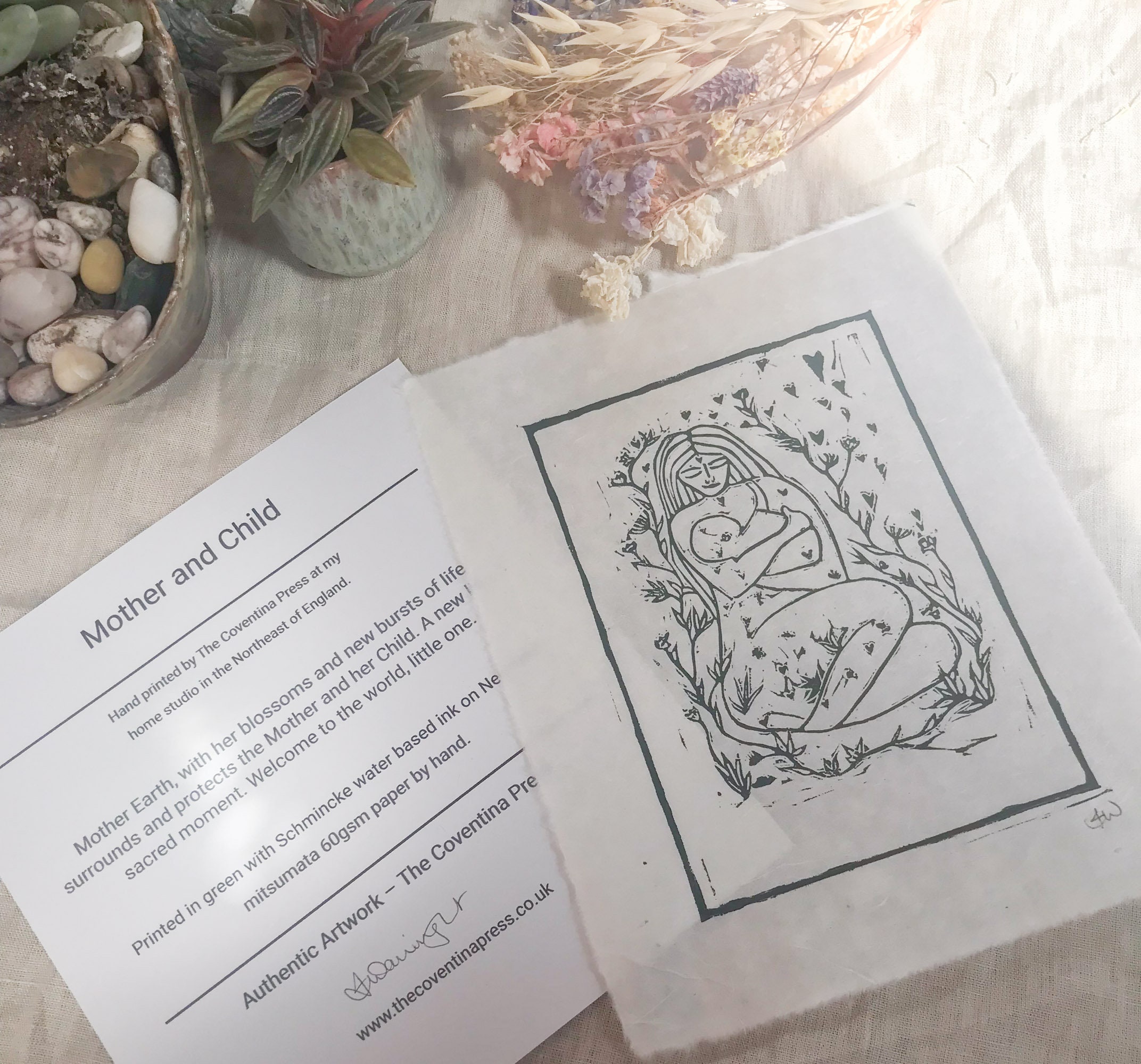 Mother and Child Hand Printed Linocut Print in Green, New Baby Gift ...