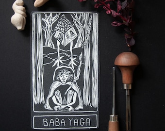 Baba Yaga altar card | Goddess oracle card | handmade linocut art, eco-friendly gifts.