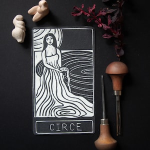 Goddess Circe Oracle Card | Linocut Art Print, Greek Mythology, Wiccan Altar Card