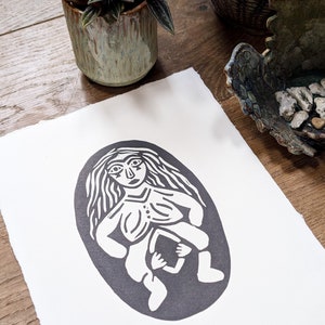 Sheela na Gig Vulva Goddess | Linocut Print Larger version | Giving birth print