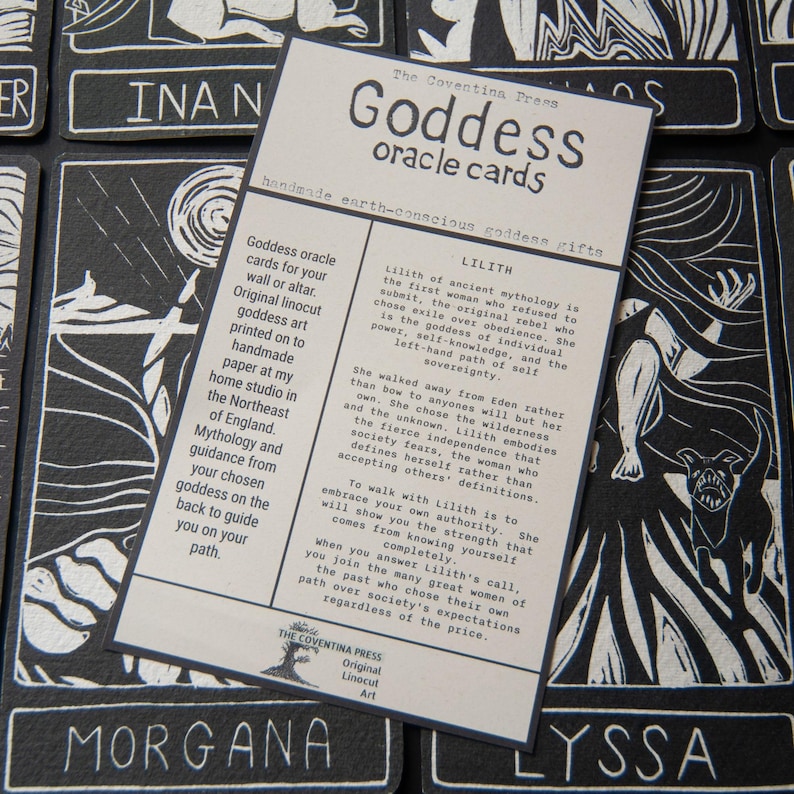 Lilith, Hebrew Goddess, the first woman,  Goddess guidance oracle card, handmade linocut art, eco-friendly gifts.