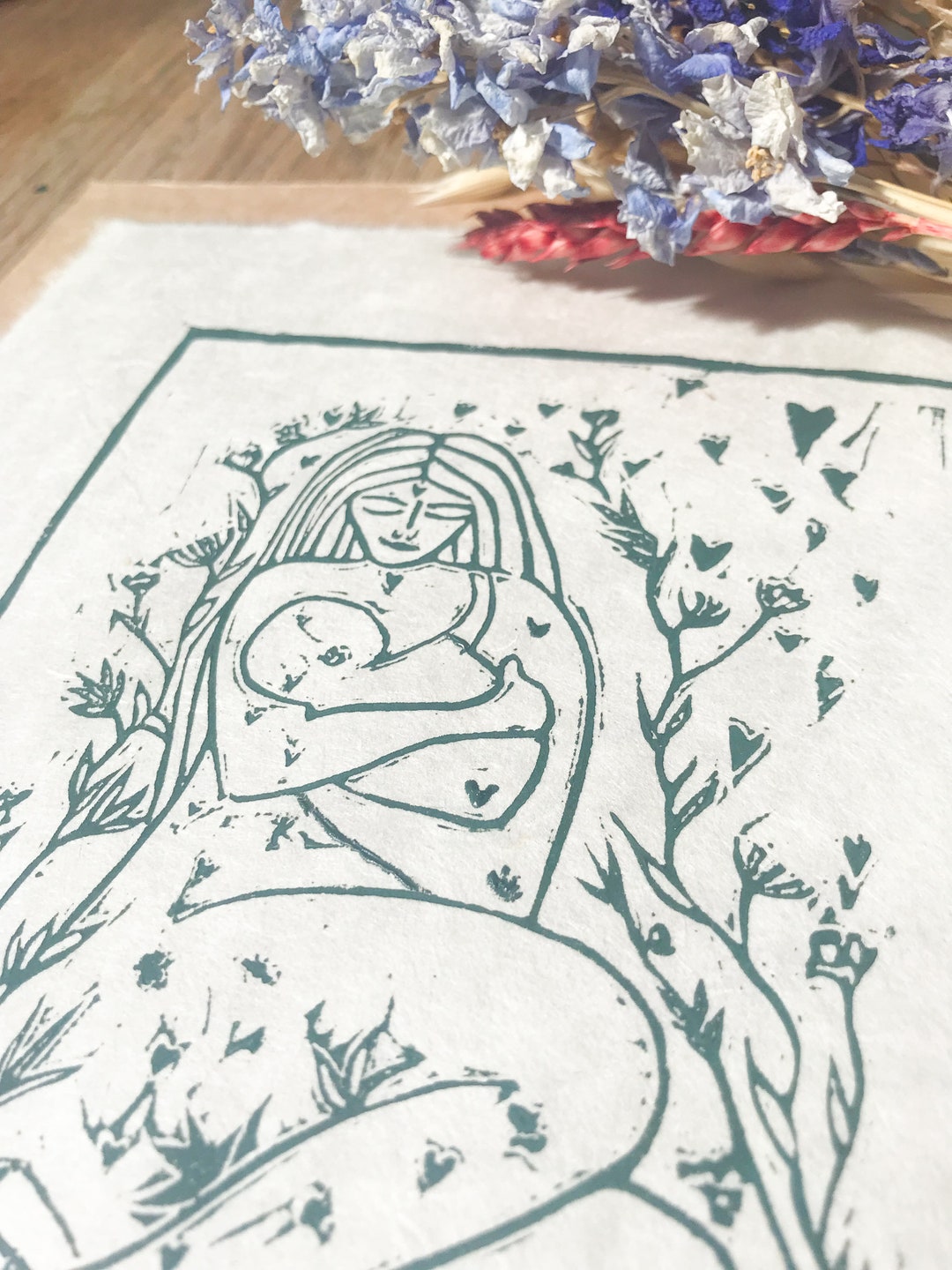 Mother and Child Hand Printed Linocut Print in Green, New Baby Gift ...