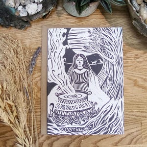 Déesse galloise Cerridwen Carte de vœux | impression linogravure, carton recyclé respectueux de l'environnement.